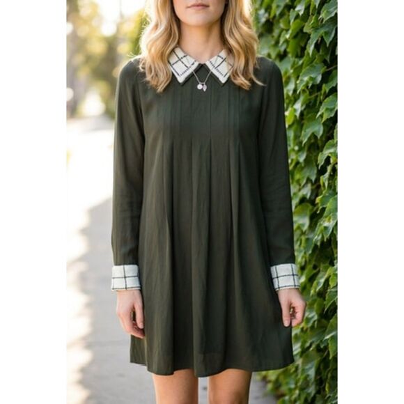 Unbranded Dresses & Skirts - Silk Olive Shift Mini w/ Check Peter Pan Collar & Cuffs | English Ivy–Inspired